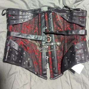 Corset Story underbust corset steel boning - black and red brocade w/ belt